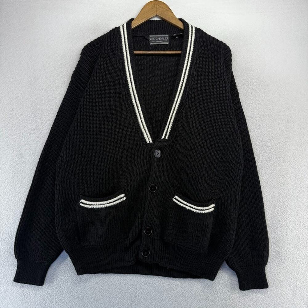 Vintage Leo Chevalier Sweater men's Large Black White Paris Wool Tennis Carigan